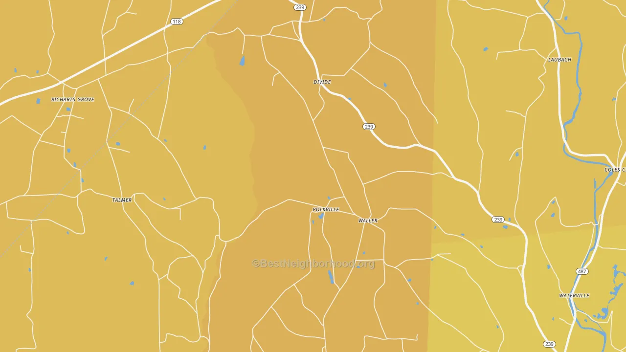 Map of the best neighborhoods in the Waller area, with better matches in green and worse matches in red