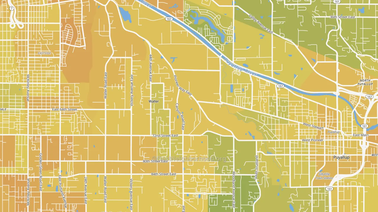 Map of the best neighborhoods in the Waller, Tacoma area, with better matches in green and worse matches in red