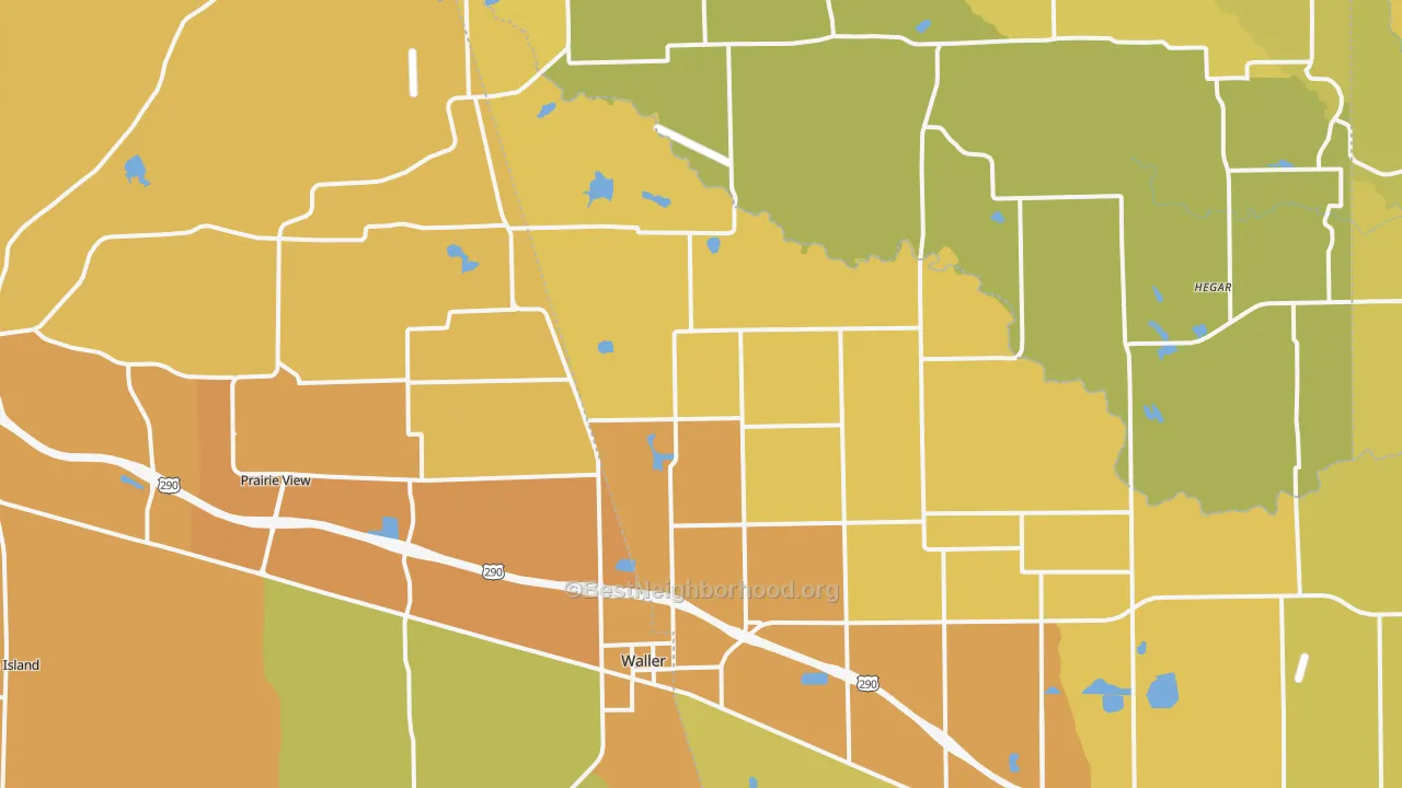 Map of the best neighborhoods in the Waller area, with better matches in green and worse matches in red