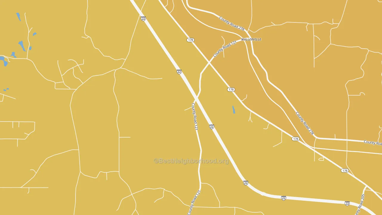 Map of the best neighborhoods in the Wallerville area, with better matches in green and worse matches in red