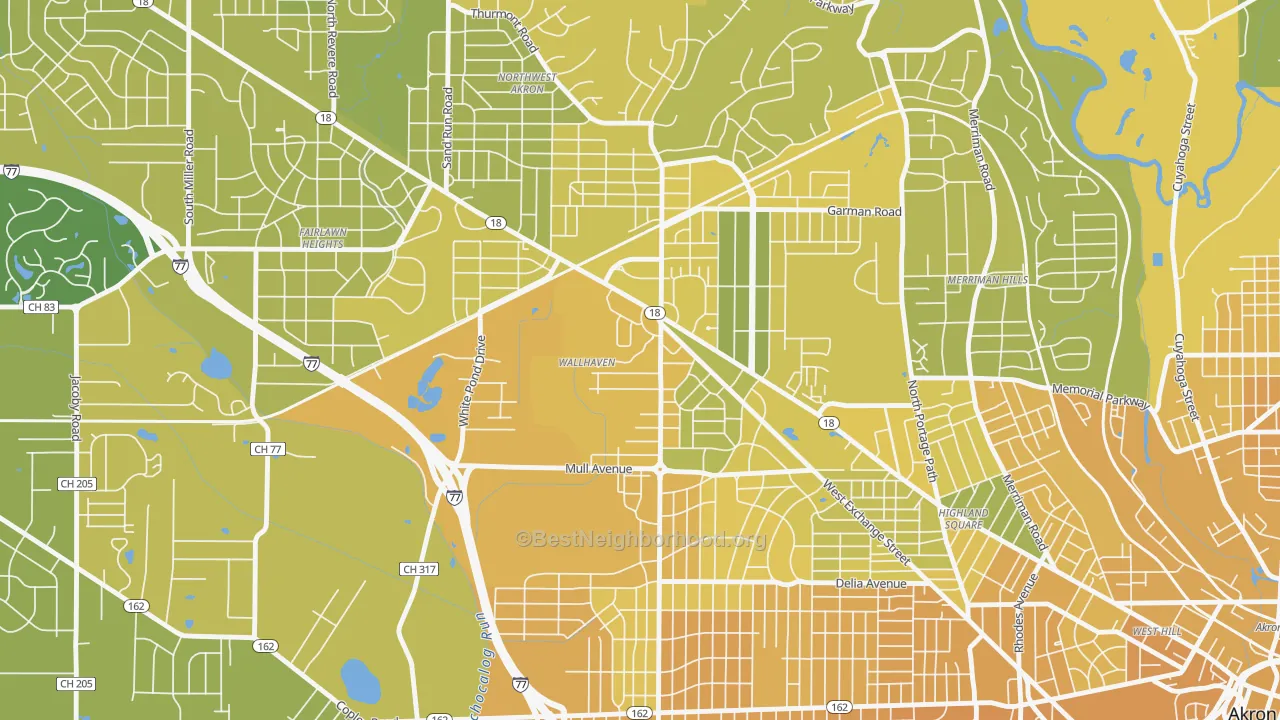 Map of the best neighborhoods in the Wallhaven, Akron area, with better matches in green and worse matches in red
