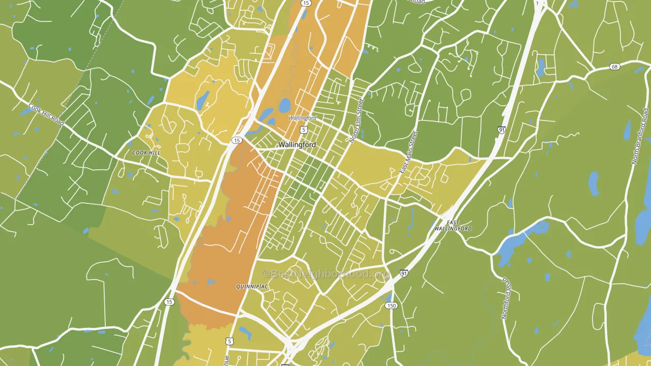 Map of the best neighborhoods in the Wallingford Center area, with better matches in green and worse matches in red