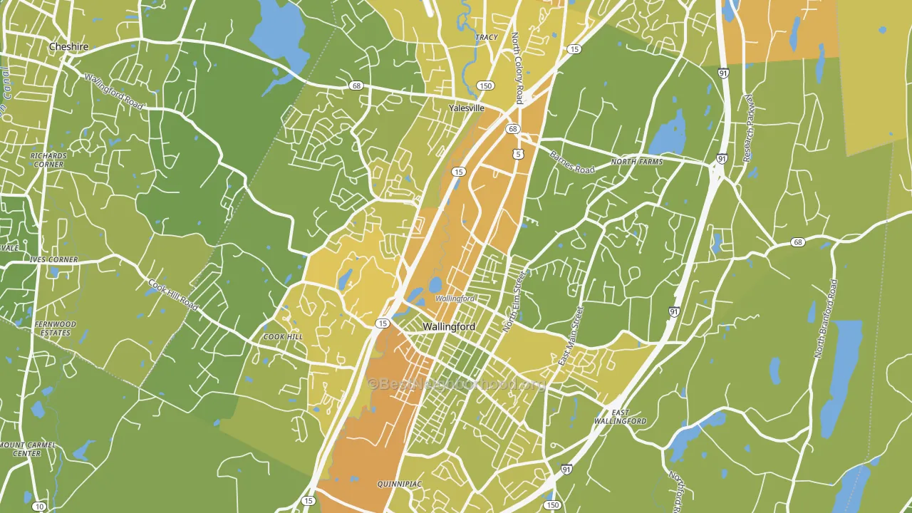 Map of the best neighborhoods in the Wallingford area, with better matches in green and worse matches in red