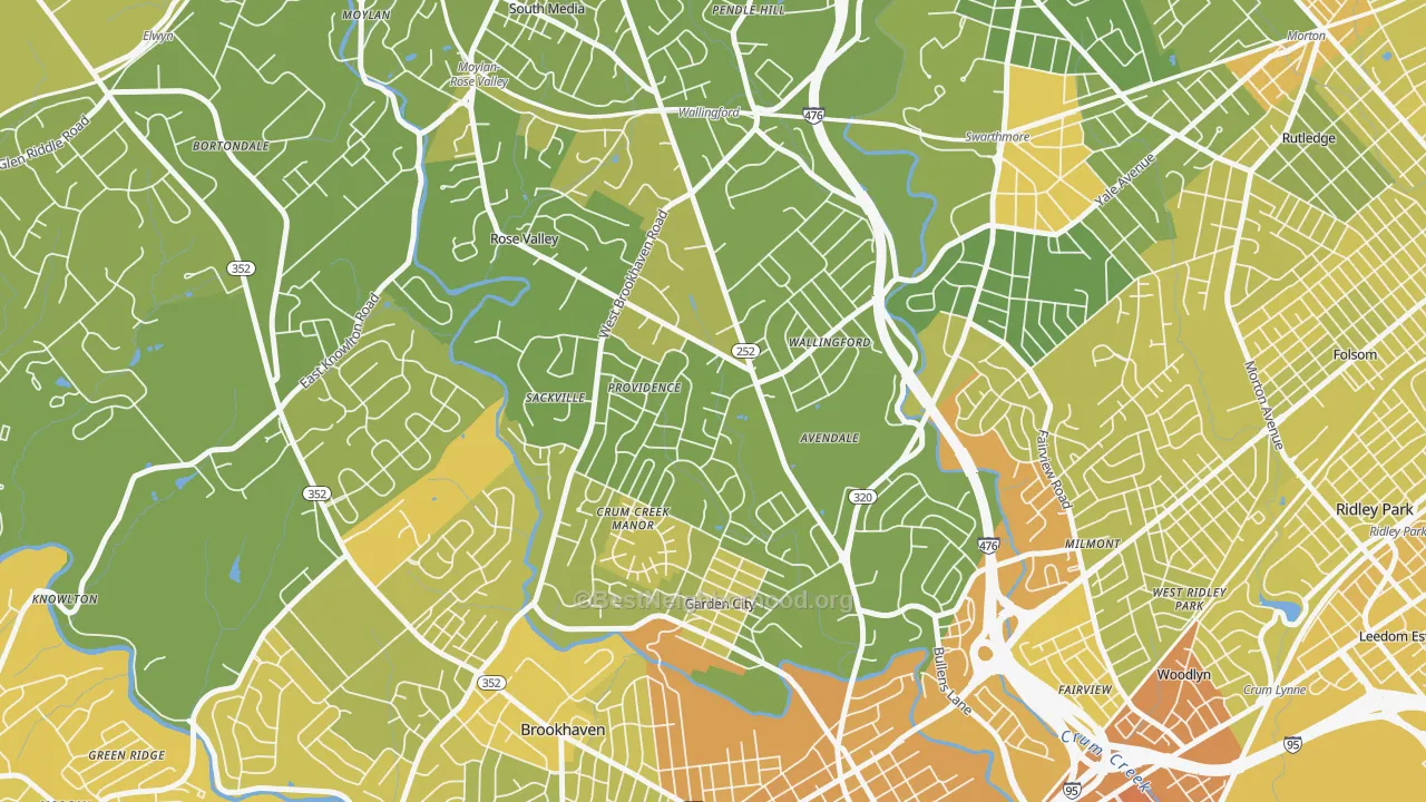 Map of the best neighborhoods in the Wallingford area, with better matches in green and worse matches in red