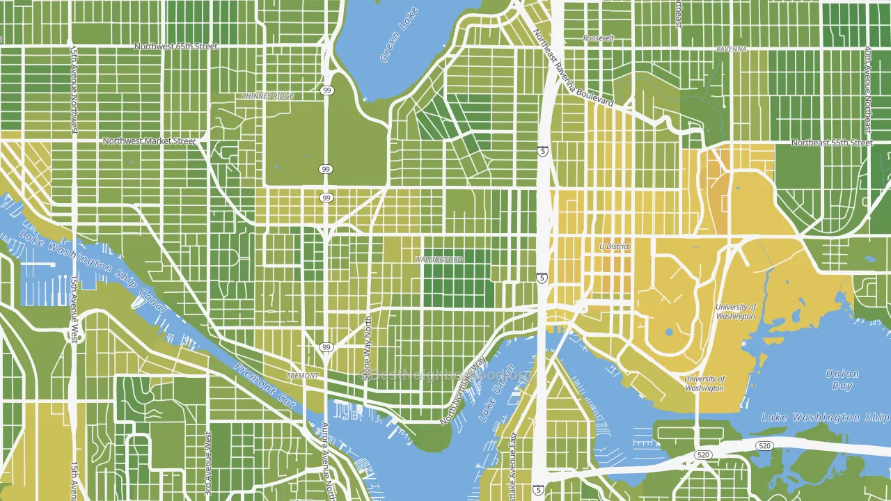 Map of the best neighborhoods in the Wallingford, Seattle area, with better matches in green and worse matches in red