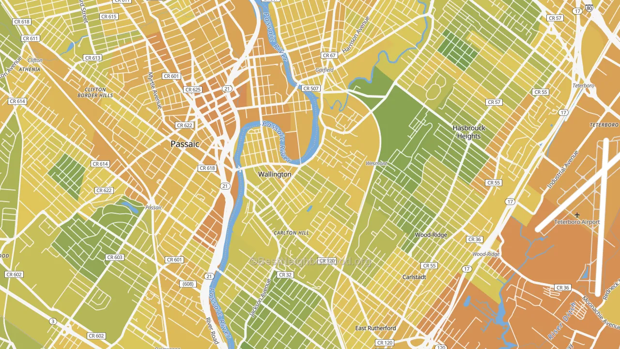 Map of the best neighborhoods in the Wallington area, with better matches in green and worse matches in red