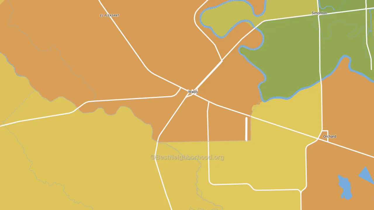 Map of the best neighborhoods in the Wallis area, with better matches in green and worse matches in red