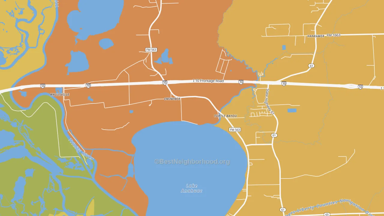 Map of the best neighborhoods in the Wallisville area, with better matches in green and worse matches in red