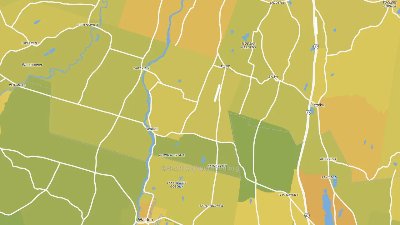 Map of the best neighborhoods in the Wallkill area, with better matches in green and worse matches in red