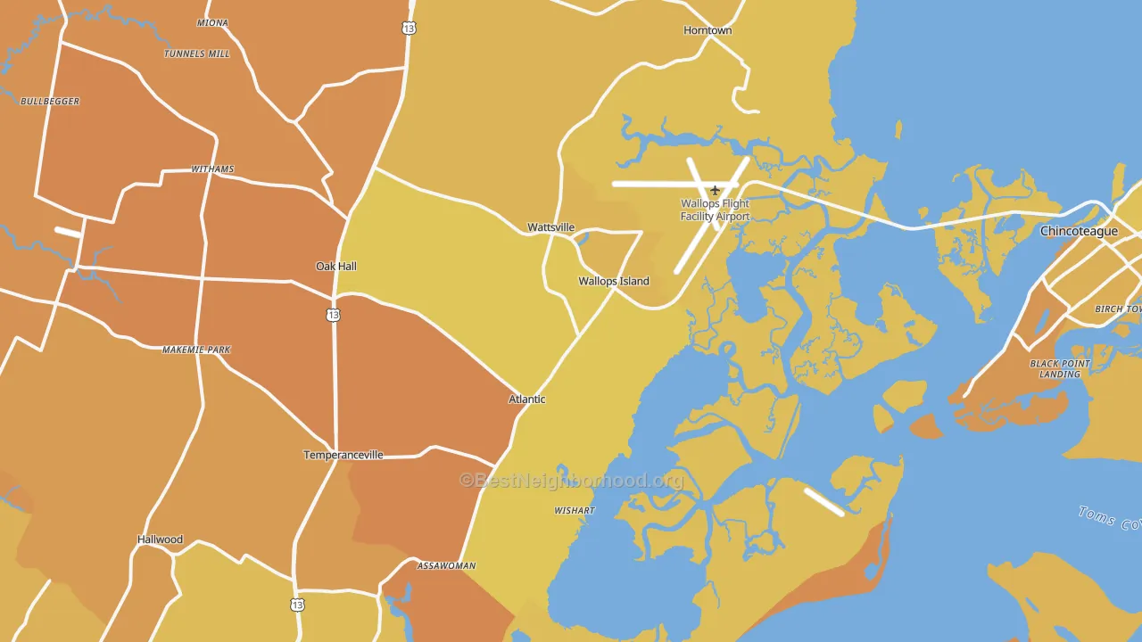 Map of the best neighborhoods in the Wallops Island area, with better matches in green and worse matches in red