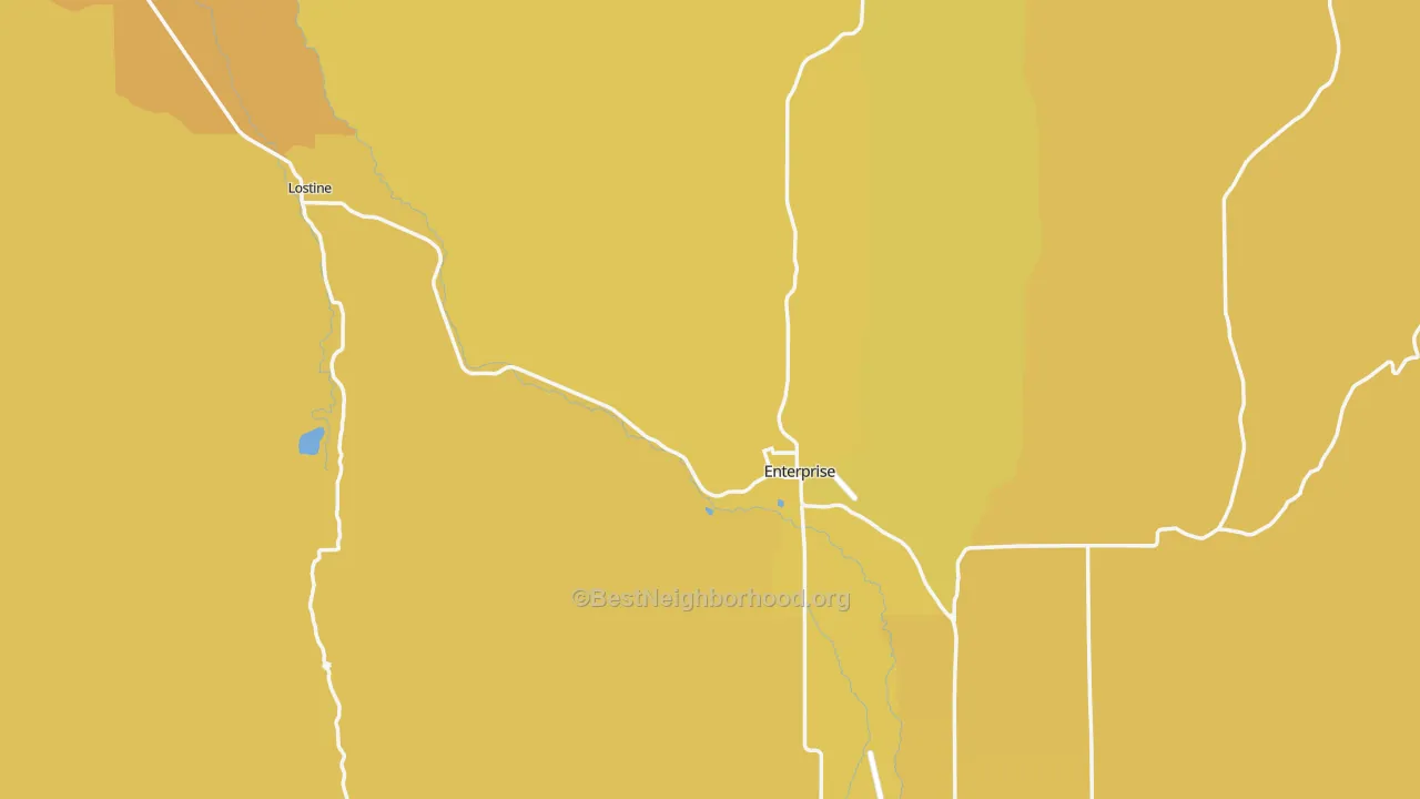 Map of the best neighborhoods in the Wallowa County area, with better matches in green and worse matches in red