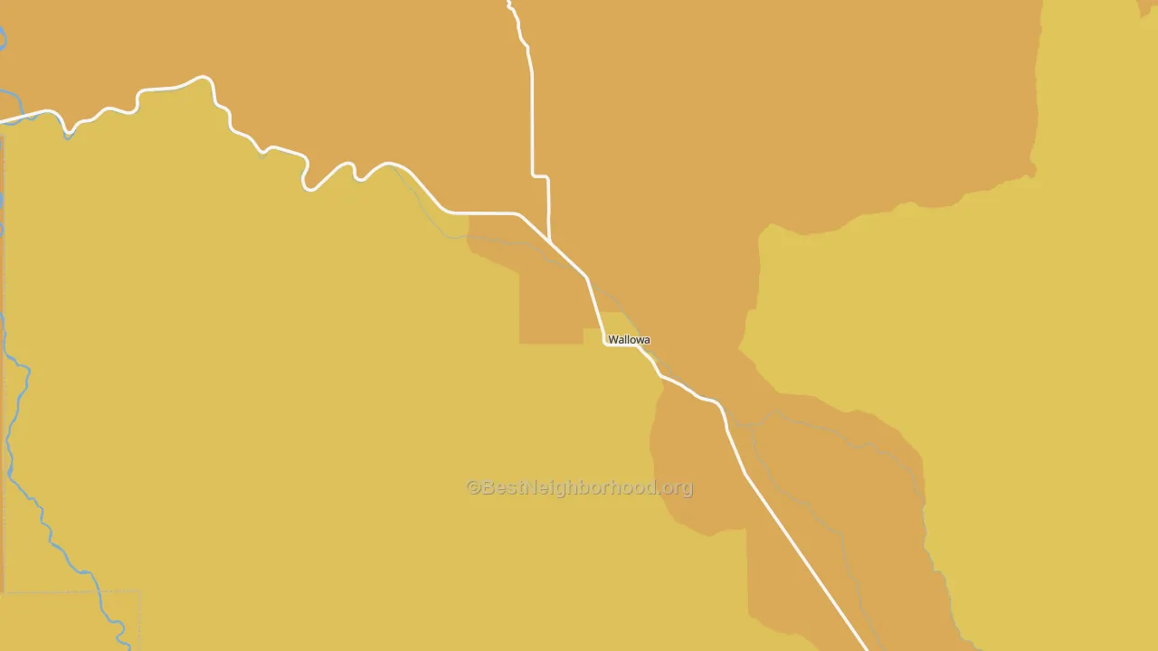 Map of the best neighborhoods in the Wallowa area, with better matches in green and worse matches in red