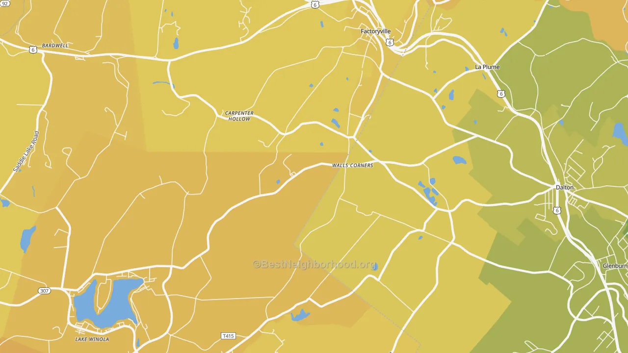 Map of the best neighborhoods in the Walls Corners area, with better matches in green and worse matches in red