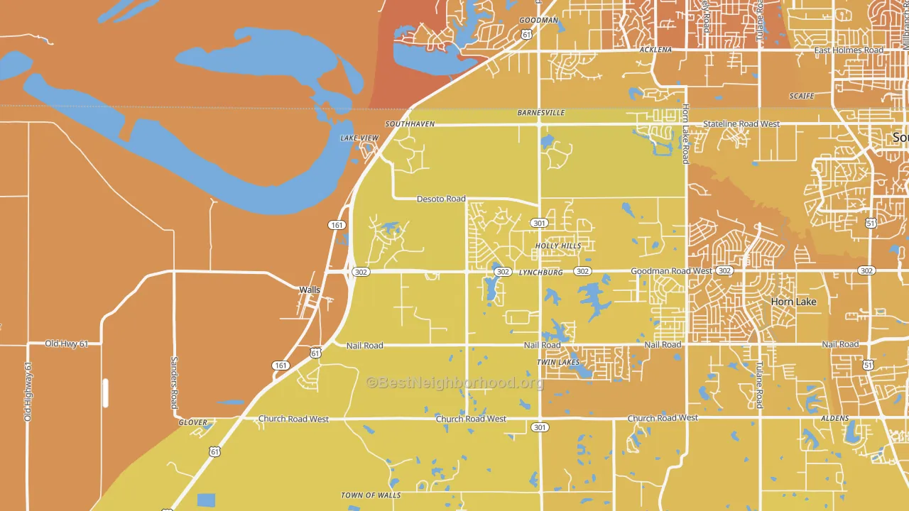 Map of the best neighborhoods in the Walls area, with better matches in green and worse matches in red