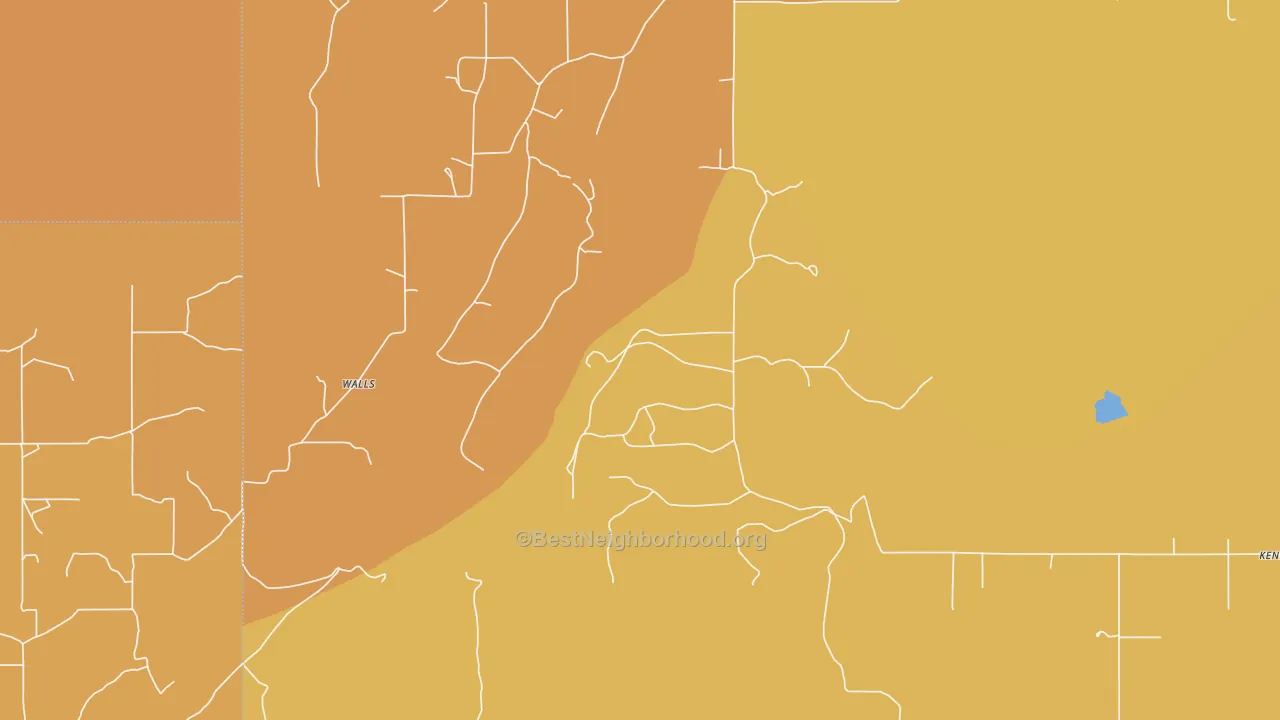 Map of the best neighborhoods in the Walls area, with better matches in green and worse matches in red