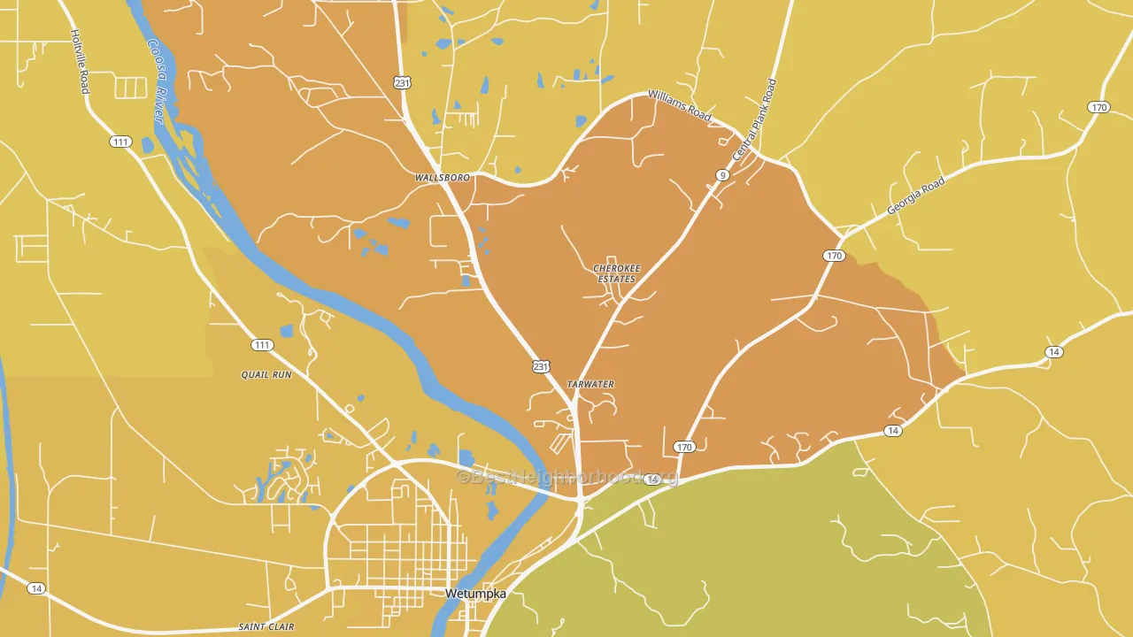 Map of the best neighborhoods in the Wallsboro area, with better matches in green and worse matches in red