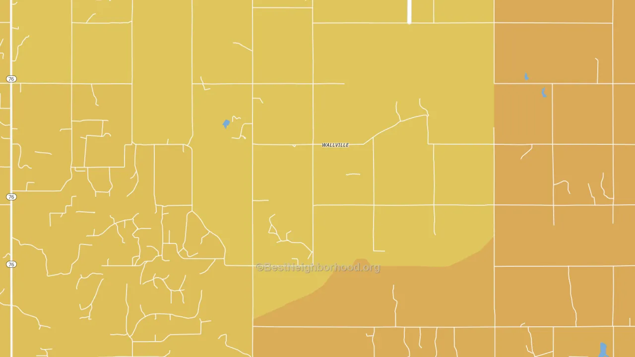 Map of the best neighborhoods in the Wallville area, with better matches in green and worse matches in red