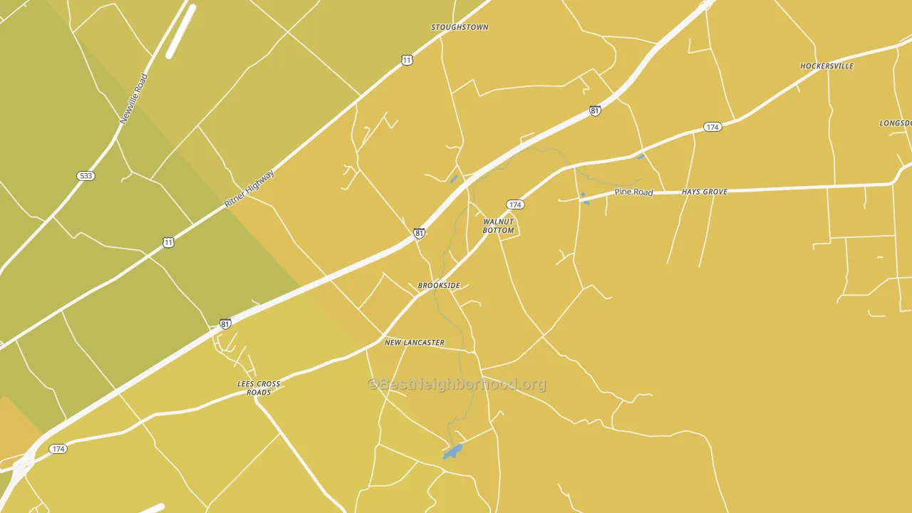 Map of the best neighborhoods in the Walnut Bottom area, with better matches in green and worse matches in red