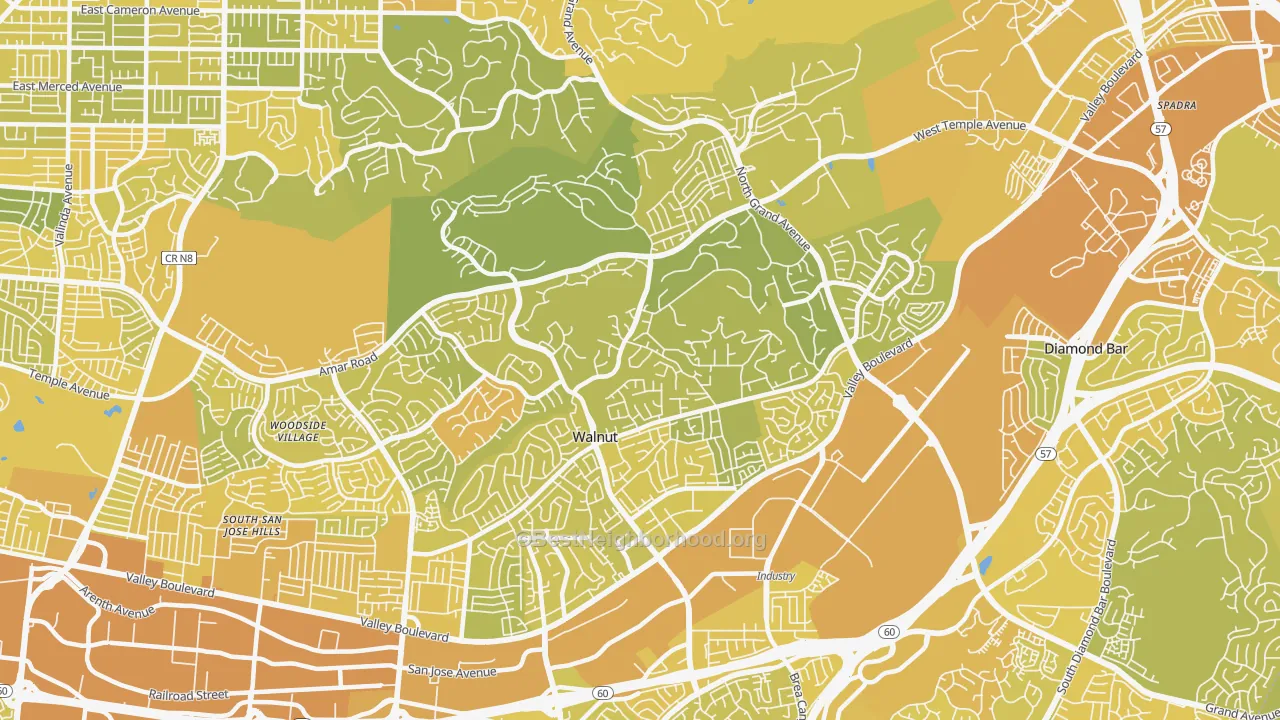Map of the best neighborhoods in the Walnut area, with better matches in green and worse matches in red
