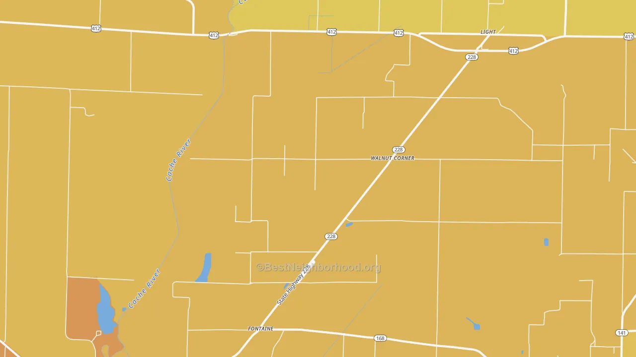Map of the best neighborhoods in the Walnut Corner area, with better matches in green and worse matches in red