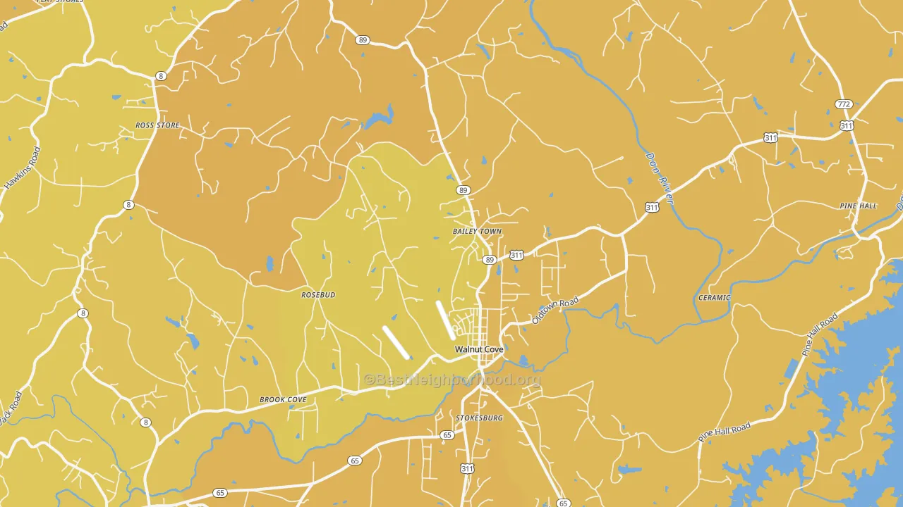Map of the best neighborhoods in the Walnut Cove area, with better matches in green and worse matches in red