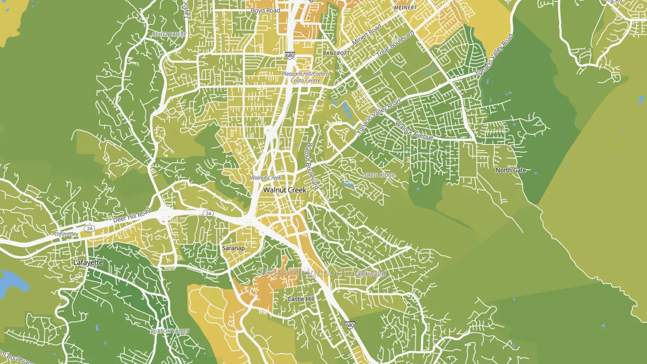Map of the best neighborhoods in the Walnut Creek area, with better matches in green and worse matches in red
