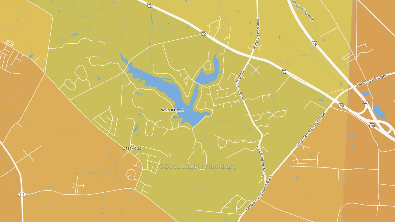 Map of the best neighborhoods in the Walnut Creek area, with better matches in green and worse matches in red