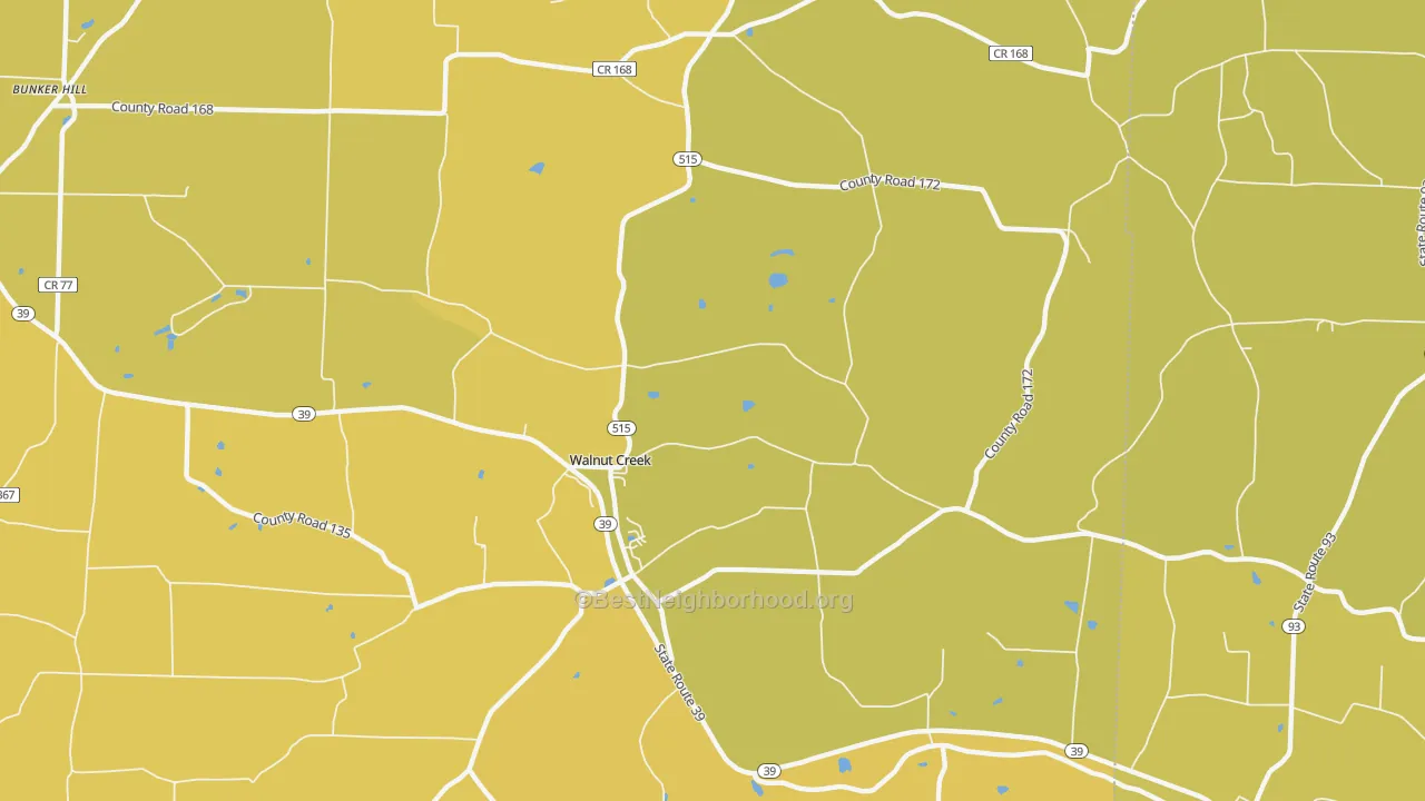 Map of the best neighborhoods in the Walnut Creek area, with better matches in green and worse matches in red