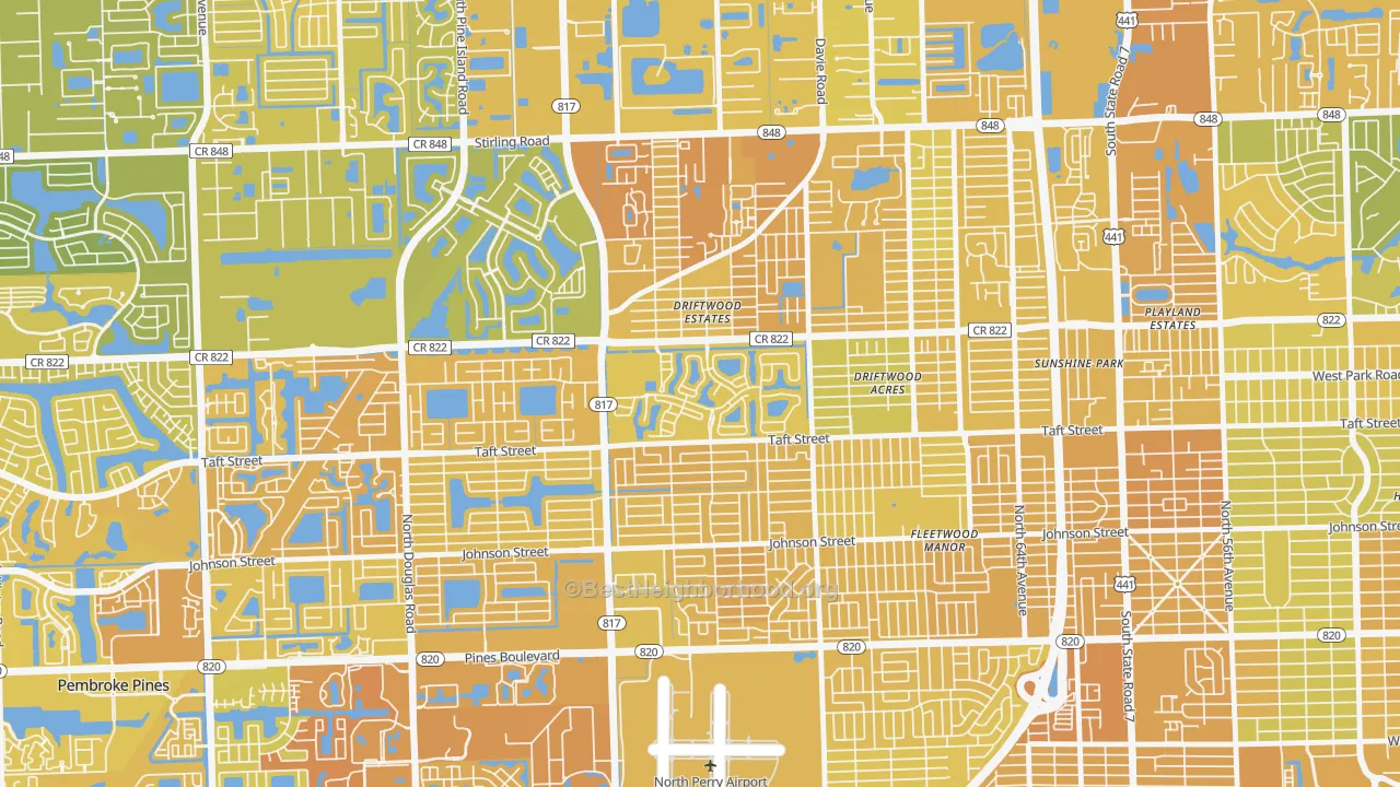 Map of the best neighborhoods in the Walnut Creek, Pembroke Pines area, with better matches in green and worse matches in red