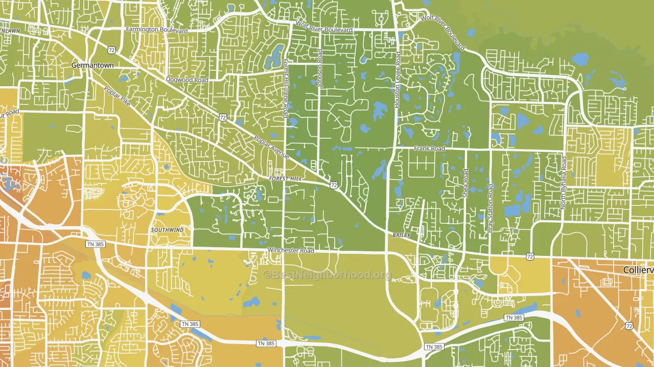 Map of the best neighborhoods in the Walnut Grove - Shelby Farms PD, Germantown area, with better matches in green and worse matches in red