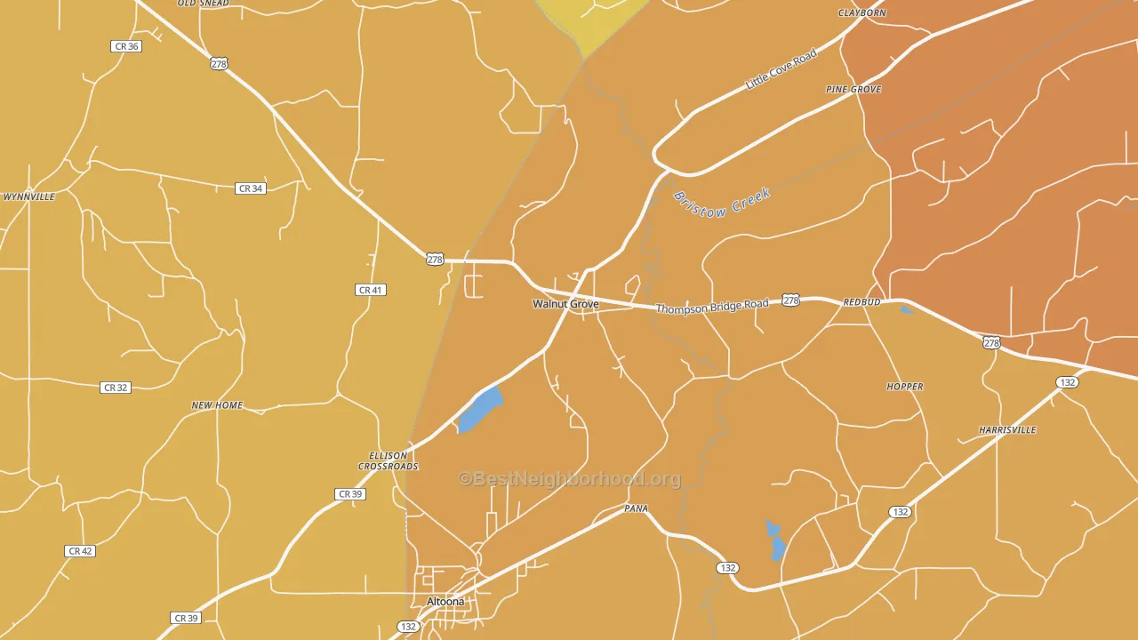 Map of the best neighborhoods in the Walnut Grove area, with better matches in green and worse matches in red