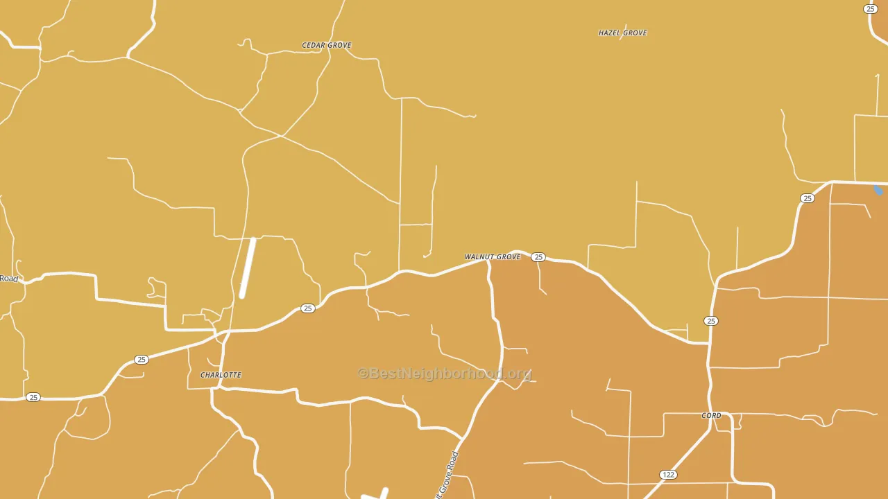 Map of the best neighborhoods in the Walnut Grove area, with better matches in green and worse matches in red