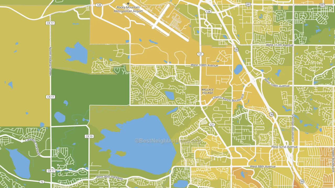 Map of the best neighborhoods in the Walnut Grove, Broomfield area, with better matches in green and worse matches in red