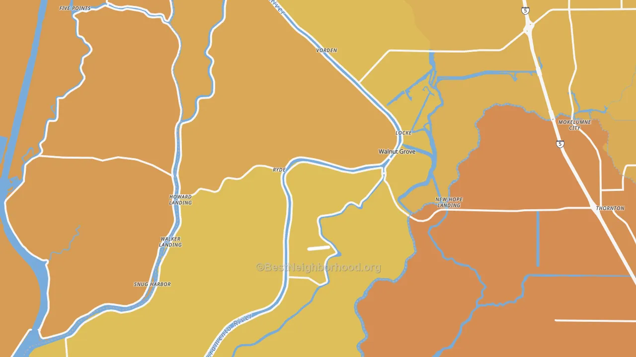 Map of the best neighborhoods in the Walnut Grove area, with better matches in green and worse matches in red