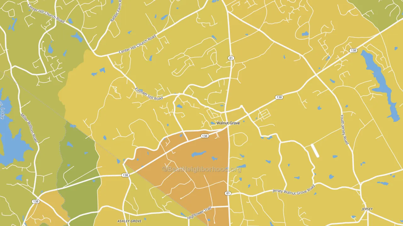 Map of the best neighborhoods in the Walnut Grove area, with better matches in green and worse matches in red