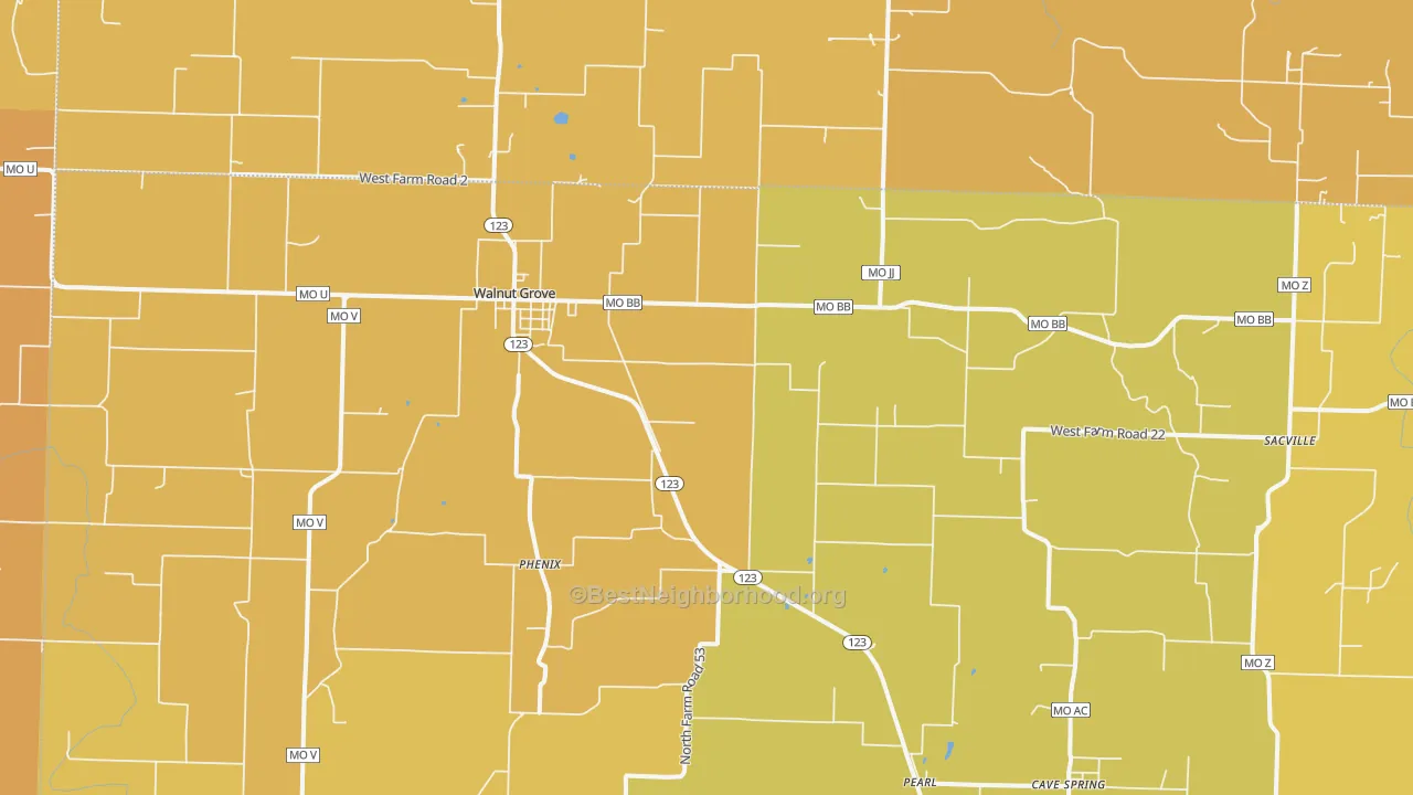Map of the best neighborhoods in the Walnut Grove area, with better matches in green and worse matches in red