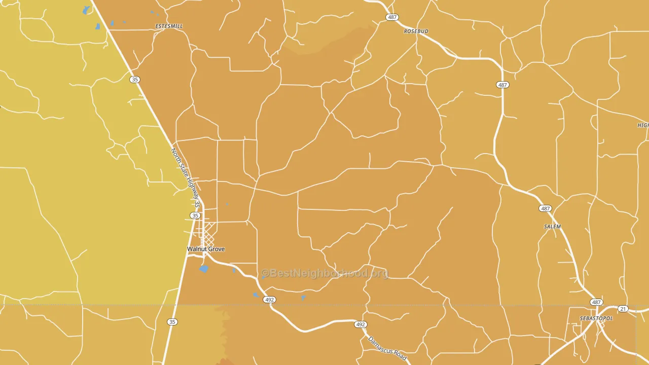 Map of the best neighborhoods in the Walnut Grove area, with better matches in green and worse matches in red