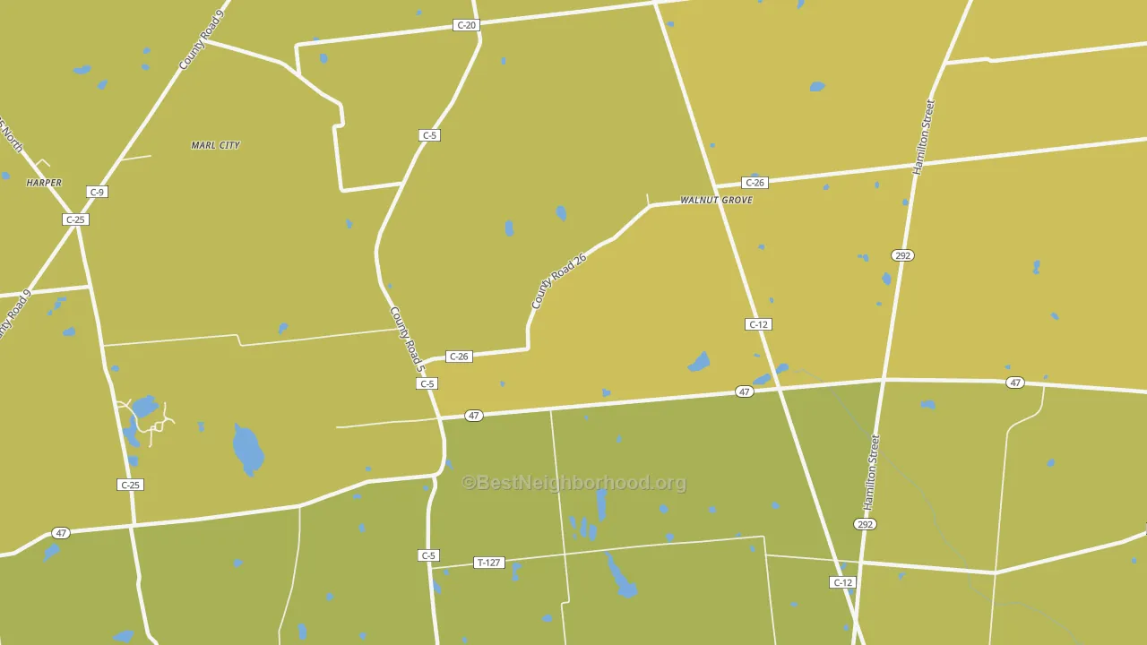 Map of the best neighborhoods in the Walnut Grove area, with better matches in green and worse matches in red
