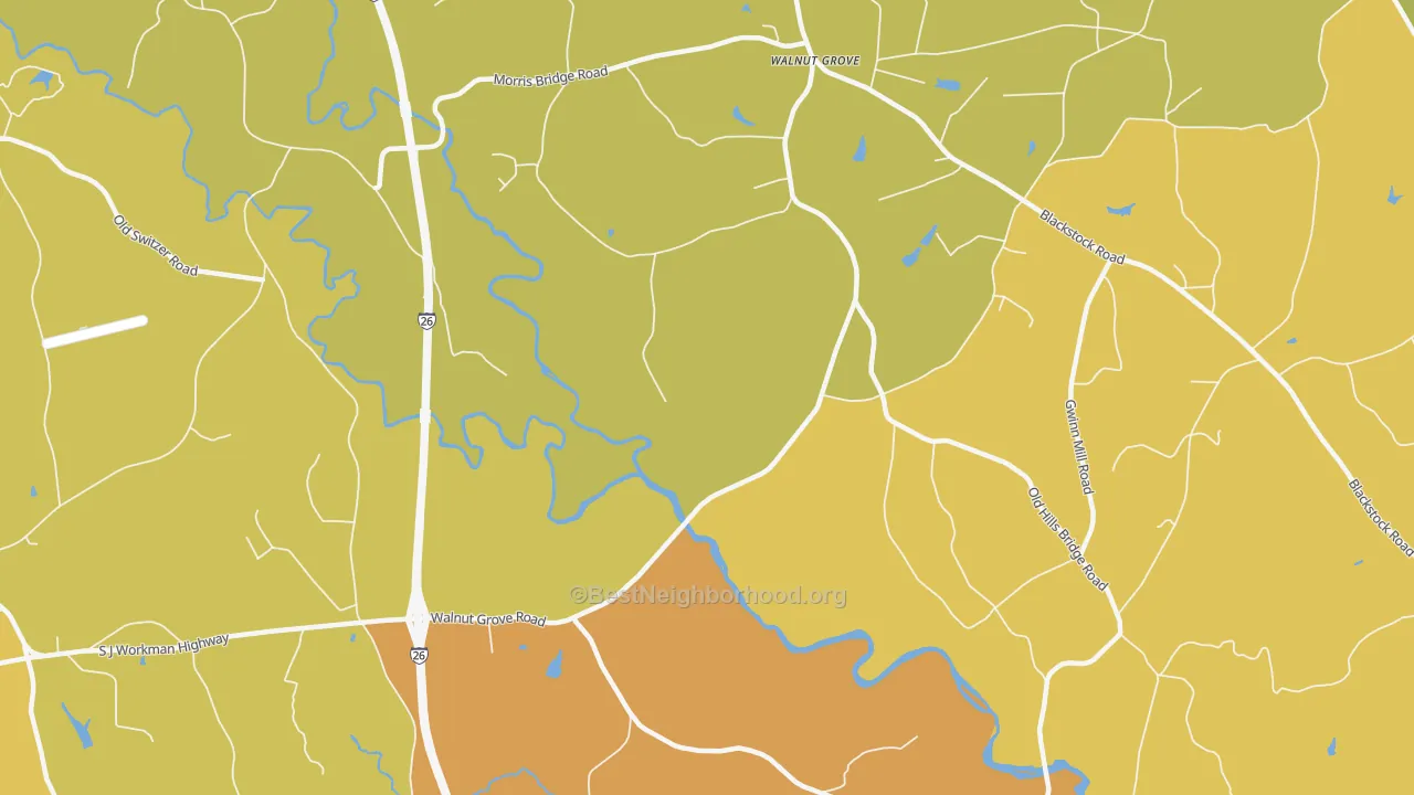 Map of the best neighborhoods in the Walnut Grove area, with better matches in green and worse matches in red