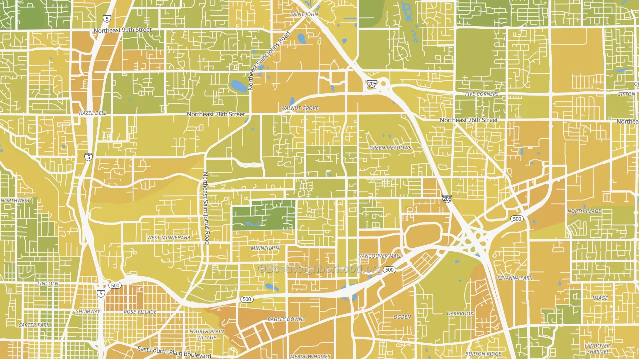 Map of the best neighborhoods in the Walnut Grove area, with better matches in green and worse matches in red