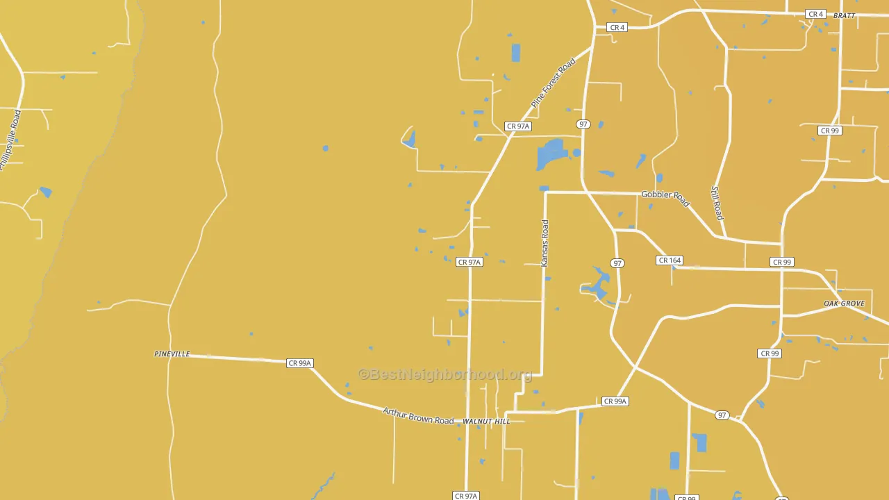 Map of the best neighborhoods in the Walnut Hill area, with better matches in green and worse matches in red