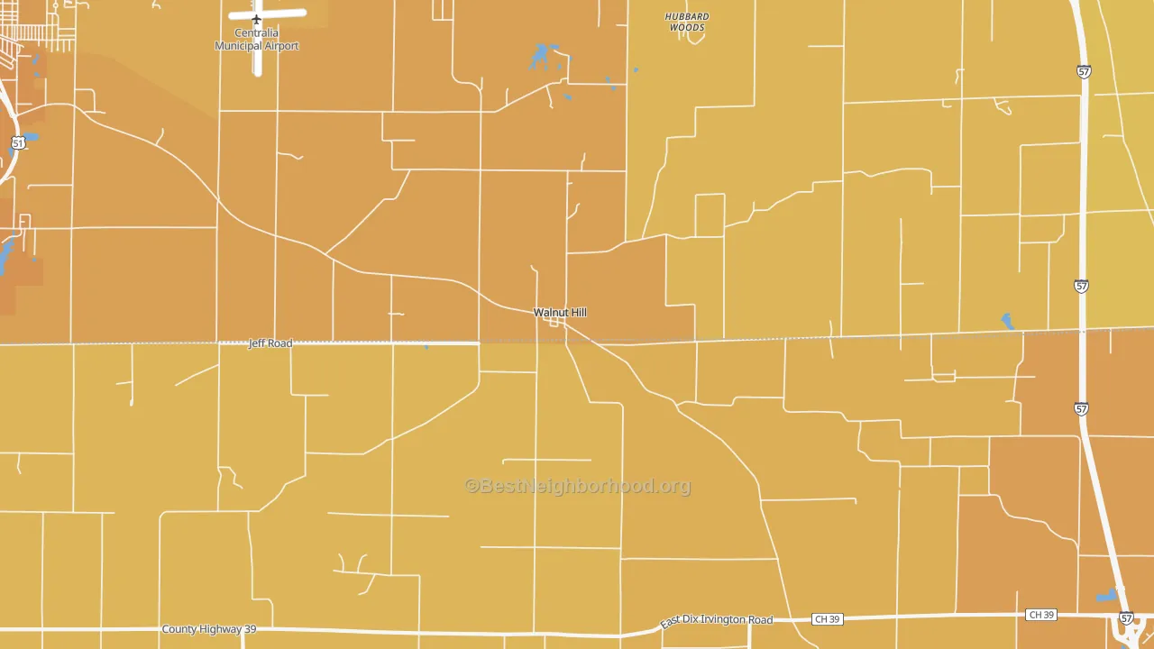 Map of the best neighborhoods in the Walnut Hill area, with better matches in green and worse matches in red