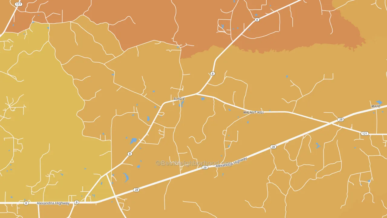 Map of the best neighborhoods in the Walnut Hill area, with better matches in green and worse matches in red