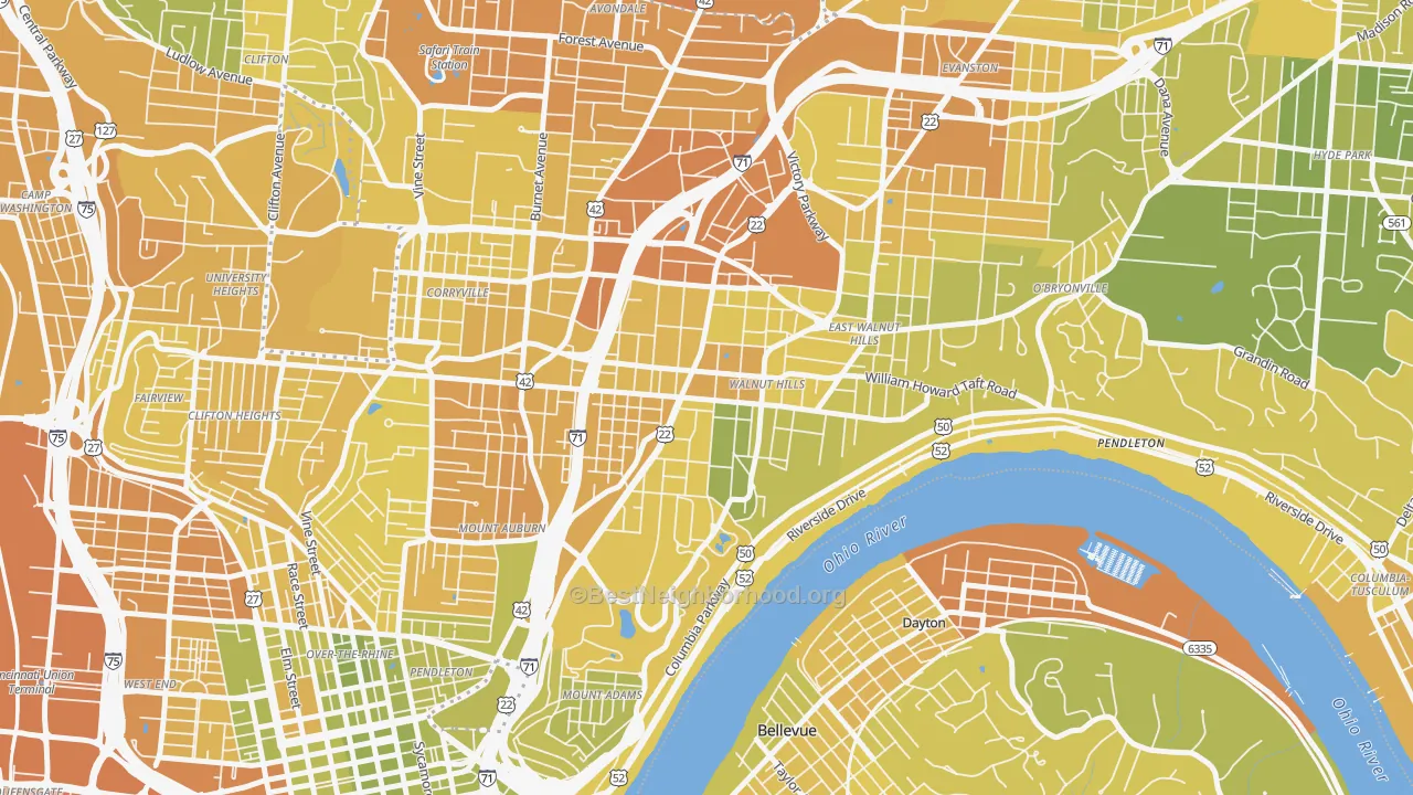 Map of the best neighborhoods in the Walnut Hills, Cincinnati area, with better matches in green and worse matches in red