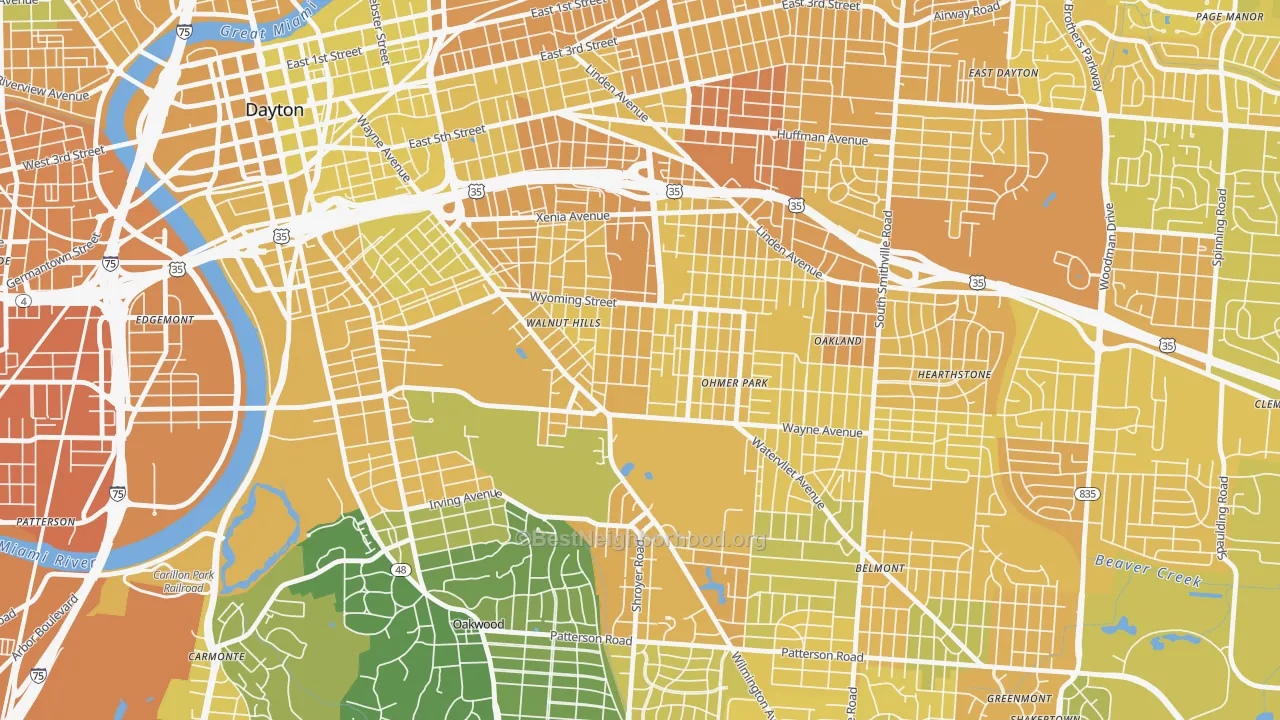 Map of the best neighborhoods in the Walnut Hills-Dayton, Dayton area, with better matches in green and worse matches in red