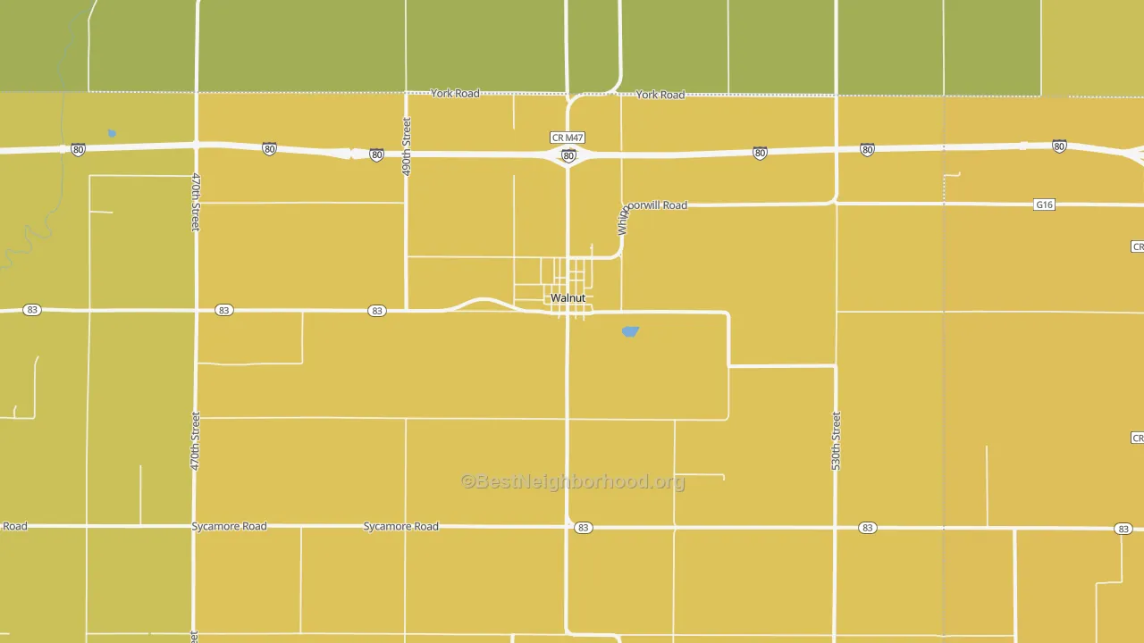 Map of the best neighborhoods in the Walnut area, with better matches in green and worse matches in red