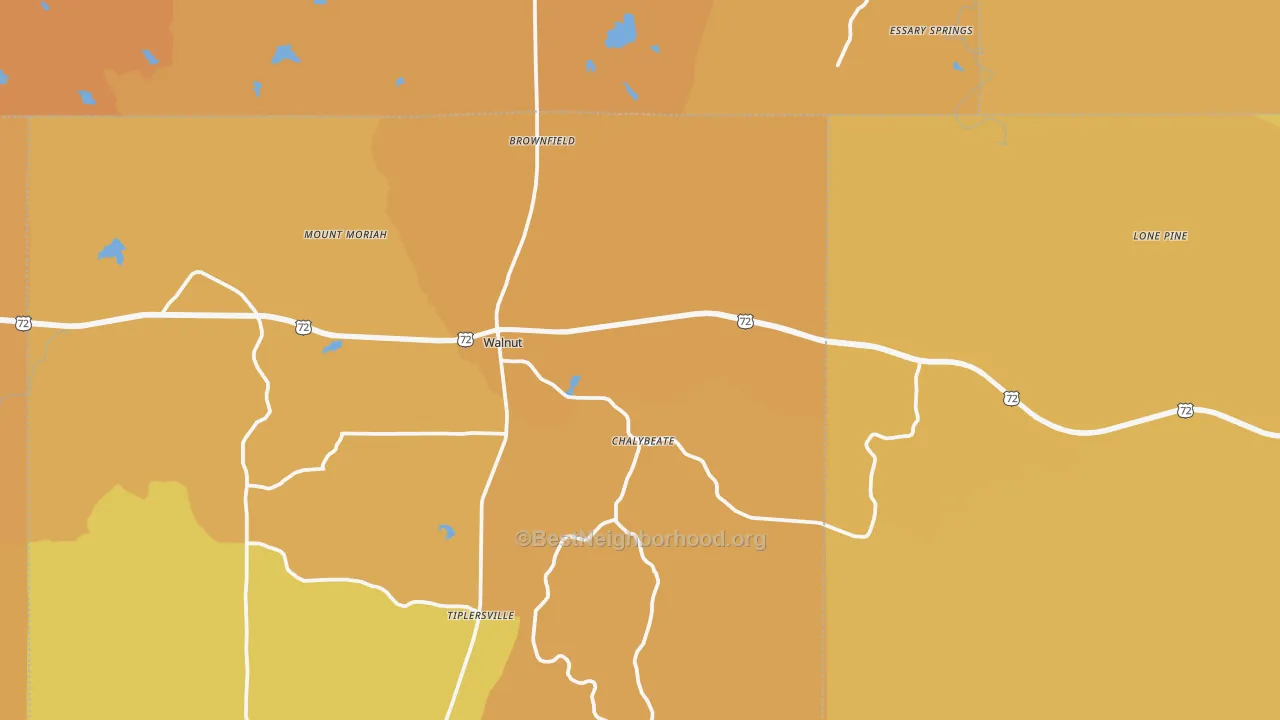 Map of the best neighborhoods in the Walnut area, with better matches in green and worse matches in red