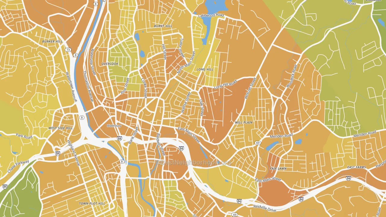 Map of the best neighborhoods in the Walnut Orange Walsh, Waterbury area, with better matches in green and worse matches in red