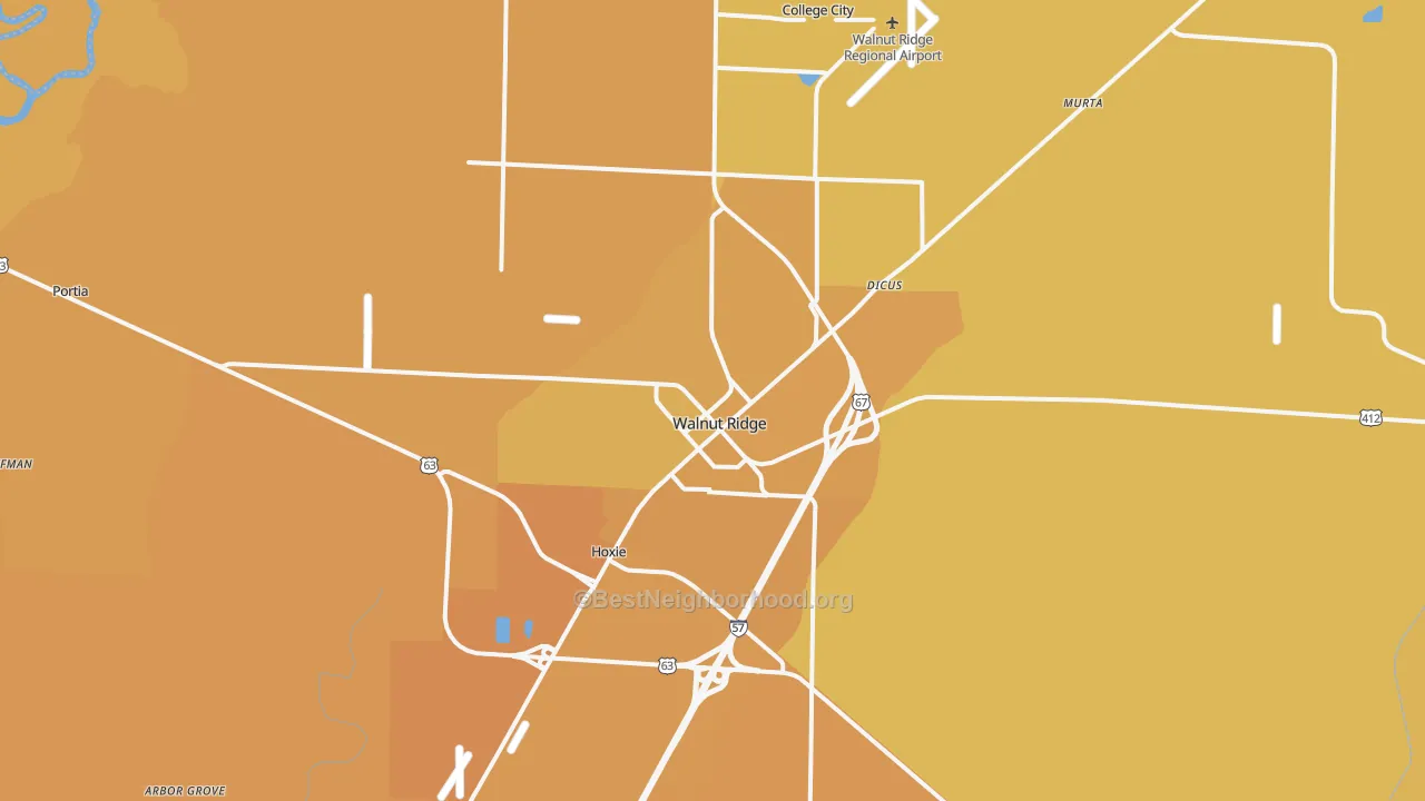 Map of the best neighborhoods in the Walnut Ridge area, with better matches in green and worse matches in red