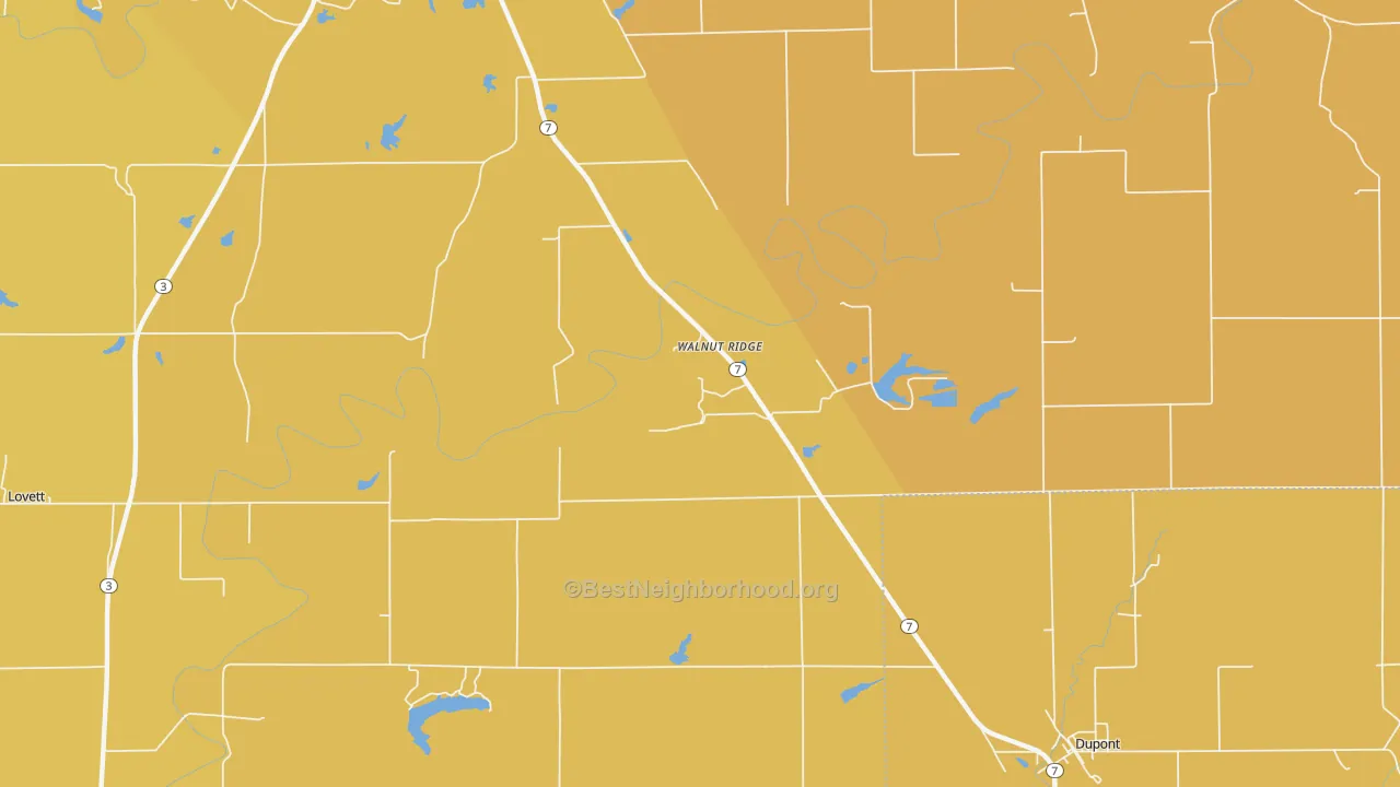 Map of the best neighborhoods in the Walnut Ridge area, with better matches in green and worse matches in red